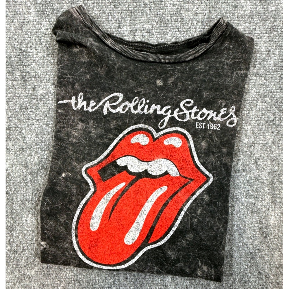 Rolling Stones Small Black Acid Wash Tongue Logo Bravado Band Graphic Tee